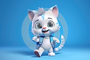 An illustration of a white kitten of schoolboy with a backpack on his back on blue background.