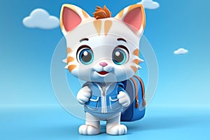 An illustration of a white kitten of schoolboy with a backpack on his back on blue background.