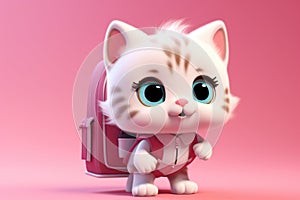 An illustration of white kitten of a schoolboy with backpack on his back on pink background.