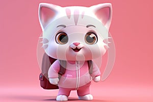 An illustration of white kitten of a schoolboy with backpack on his back on pink background.