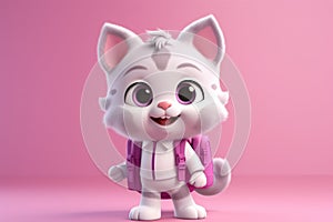 An illustration of white kitten of a schoolboy with backpack on his back on pink background.