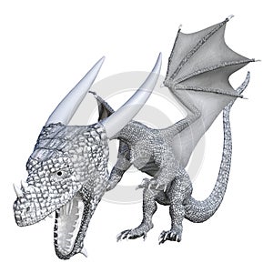 Illustration of a white leather dragon with head down and open mouth isolated on a white background