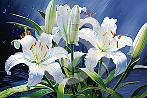 Illustration of white lilies on a dark background with water drops, Beautiful botanic lily flower oil paint illustration, AI