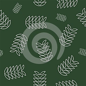 Illustration of white line green leaves on green background seamless