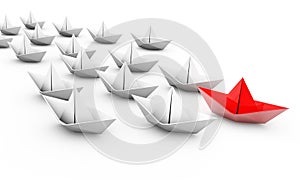 Illustration of white paper boats following a red one