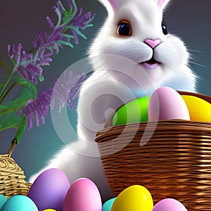 illustration of white rabbit with basket of Easter eggs