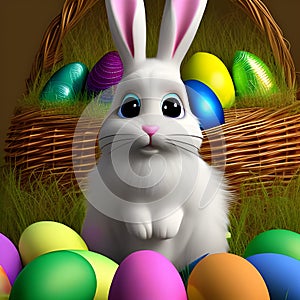 Illustration of white rabbit with basket of Easter eggs