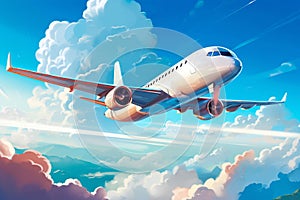 Illustration of a white and red passenger plane flying in the sky among the clouds. Travel and vacation concept.