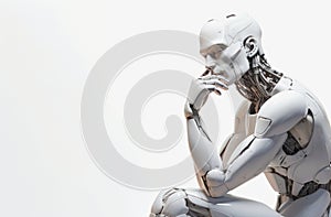 illustration of a white robot in a thinking pose, copy space