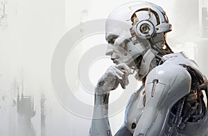 illustration of a white robot in a thinking pose, copy space