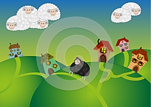 Illustration with white sheep (clouds) and black sheep