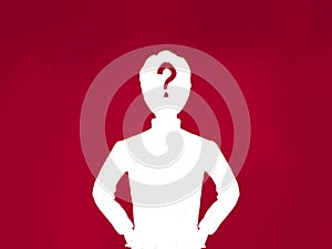 Illustration of a white silhouette of a man on a red background and a question mark in his head