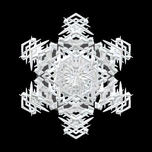 Illustration of white symmetrical snowflake isolated on black