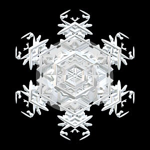 Illustration of white symmetrical snowflake isolated on black
