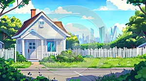 An illustration of a white wooden front porch on a suburban street. A village or suburb district with cottages, garages