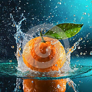 Illustration of whole clementine fruit amidst splashing water reflecting on the surface. Generative Ai