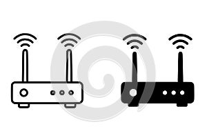 Wi-Fi router illustration, black and white, outline and silhouette versions