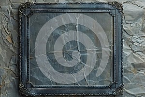 A wide, empty dark gray rectangular frame with thin decorative borders on the edges of an old book cover. the background is a tex