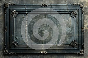 A wide, empty dark gray rectangular frame with thin decorative borders on the edges of an old book cover. the background is a tex