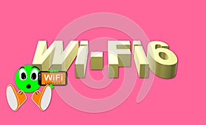Illustration, WiFi 6 WLAN High Efficiency Wireless. Emoticon with an expression of surprise. New protocols in development.
