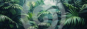Illustration of a wild tropical jungle in muted green colors, banner