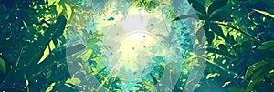 Illustration of a wild tropical jungle in muted green colors, banner