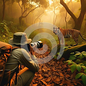 Illustration of a wildlife photographer clicking pictures of Bengal Tiger during jungle safari in India photo