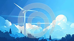 An illustration of a wind turbine spinning against a blue sky with text detailing its ability to produce clean energy
