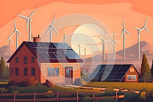 Illustration of Wind turbines, solar panels, alternative green energy, Generative AI 2