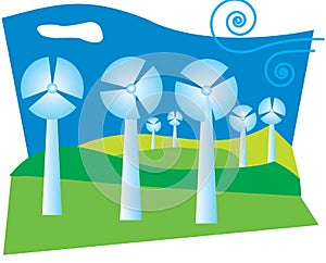 Illustration of a windfarm on green hills with clean blue sky.