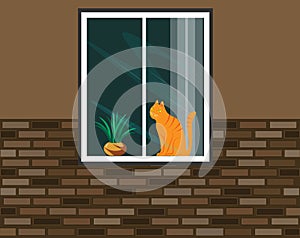 Illustration of a window and a cat. The brick wall of the house in a cozy shade is pleasing to the eye. In the window you can see