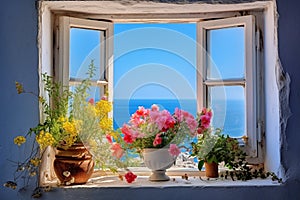 illustration of window with flowers. View on sea water. Generative AI