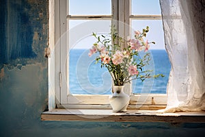 illustration of window with flowers. View on sea water. Generative AI
