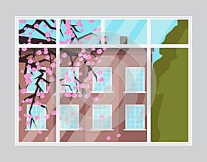 Illustration of a window with a view of the tall building and green tree. Spring season outside