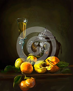 Illustration of wine and peaches on the table
