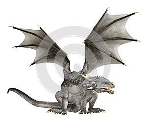 Illustration of a winged gray horned dragon with head turned and teeth showing isolated on a white background