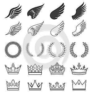 Illustration of wings and crown icons set