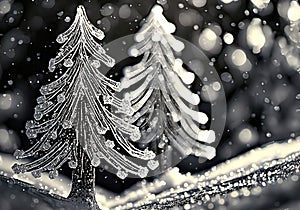 illustration of a winter atmosphere with frost pine tree in monochromatic color