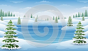 Winter landscape with frozen lake and fir trees photo