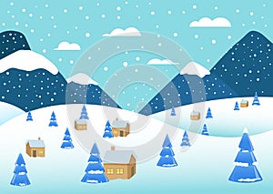 Illustration of a Winter landscape with mountains, snow-covered trees, forest houses. Illustration for a Christmas card