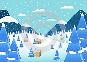 Illustration of a Winter landscape with mountains, snow-covered trees, forest houses. Illustration for a Christmas card