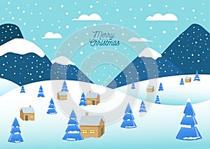 Illustration of a Winter landscape with mountains, snow-covered trees, forest houses. Vector illustration for a