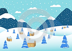 Illustration of a Winter landscape with mountains, snow-covered trees, forest houses. Vector illustration for a