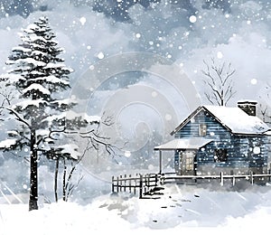 Illustration: winter landscape: pine trees covered with snow and a wooden house. Night. Christmas card as a symbol of remembrance