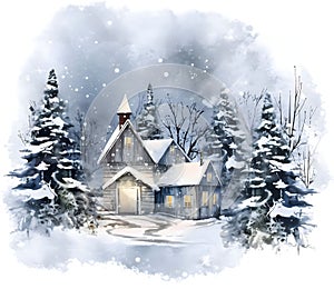 Illustration: winter landscape: pine trees covered with snow and a wooden house. Night. Christmas card as a symbol of remembrance