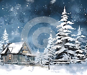 Illustration: winter landscape: pine trees covered with snow and a wooden house. Night. Christmas card as a symbol of remembrance