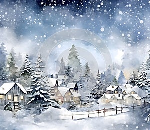 Illustration: winter landscape: pine trees covered with snow and a wooden house. Night. Christmas card as a symbol of remembrance