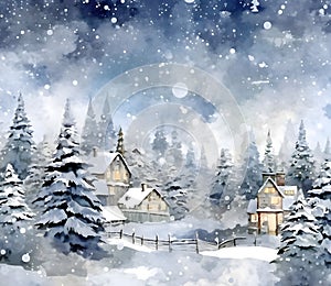 Illustration: winter landscape: pine trees covered with snow and a wooden house. Night. Christmas card as a symbol of remembrance