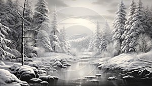 Illustration of a winter landscape with a river and a forest,Generated by AI