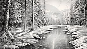 Illustration of a winter landscape with a river and a forest,Generated by AI